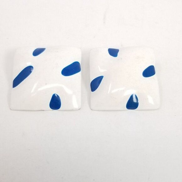 Vintage Retro Blue and White Enamel Square Shape Stud Earrings, 80s Style - Picture 5 of 5